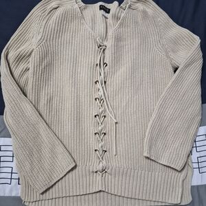Beige Lace-Up Knit Sweater